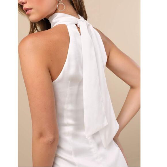 Lulus NWT Infinite Admiration White Crinkle-Woven Satin Halter Mini Dress Small - Picture 7 of 10